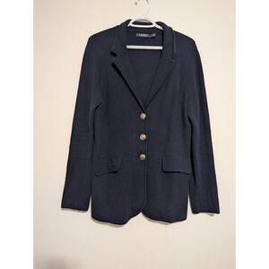 Ralph Lauren LRL Sweater Knit Blazer Womens Sz Large L Navy Blue Crested Buttons
